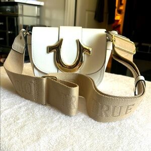True Religion White and Gold Crossbody Bag with Metallic Accents
